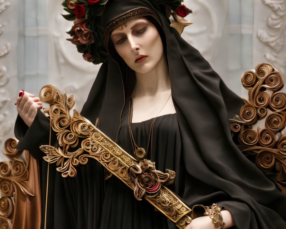 Woman in Black Robe with Golden Trim and Rose Crown on Ornate Background