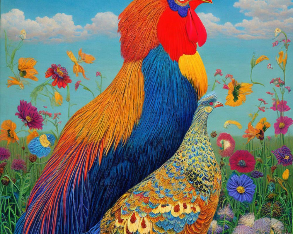 Colorful Rooster and Peacock with Flowers on Blue Sky Background