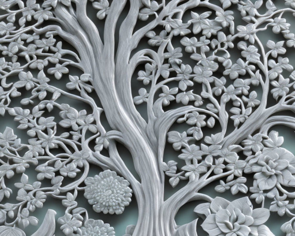 Detailed Monochromatic Relief Sculpture of Tree with Carved Leaves and Flowers