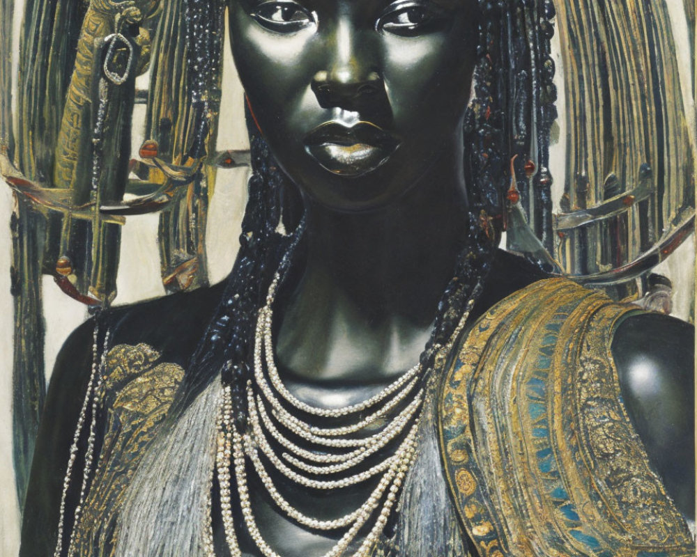 Intricate braids and beads on woman with gold armor & necklaces