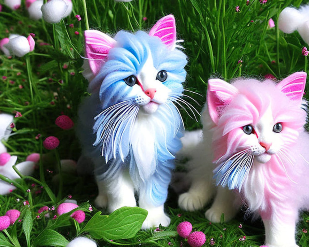 Colorful Artificial Cats with Blue and Pink Fur in Greenery and Pink Flowers