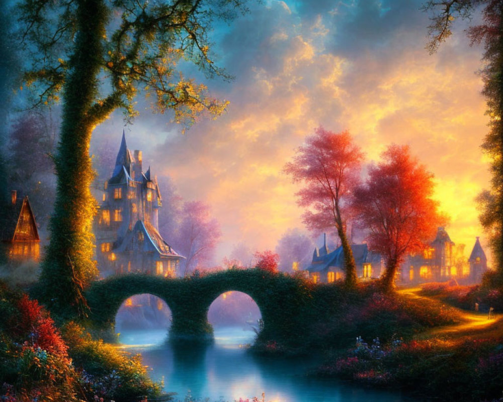 Idyllic castle in twilight with lush foliage and serene river