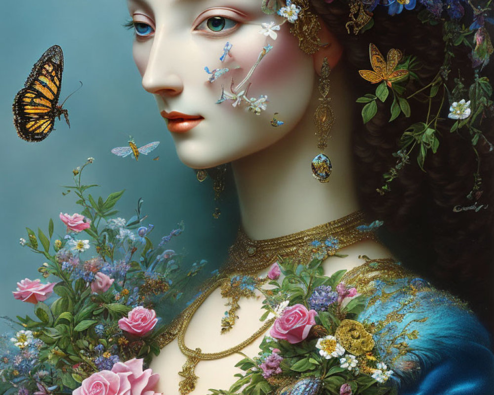 Colorful surreal portrait of a woman with floral elements and butterflies