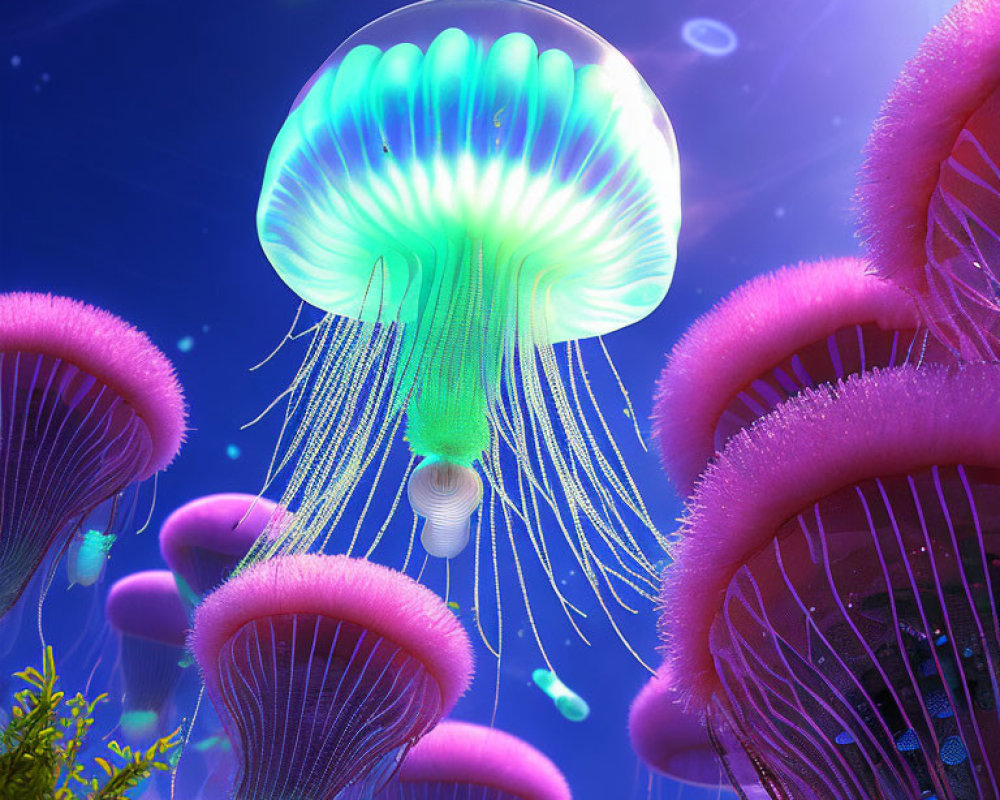 Bioluminescent jellyfish in mystical underwater scene