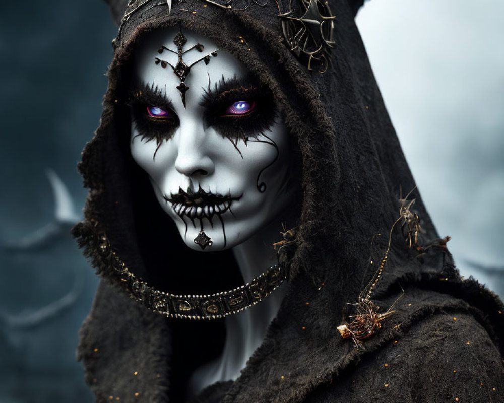 Dark Fantasy Makeup with Horned Hood and Purple Eyes in Misty Setting