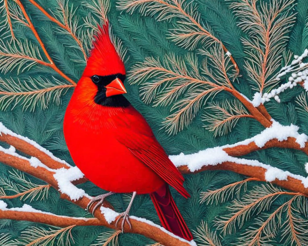 Vibrant red cardinal on snow-covered branch in pine needles