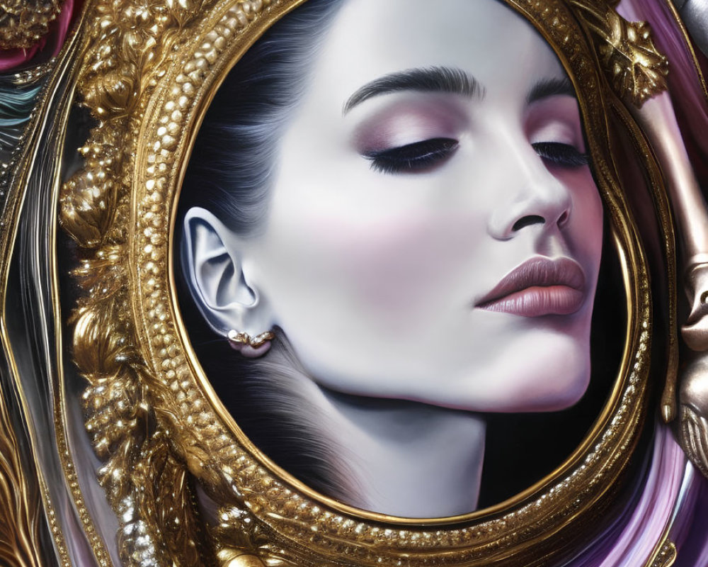 Stylized portrait of a woman in ornate gold frame with classical and modern aesthetics