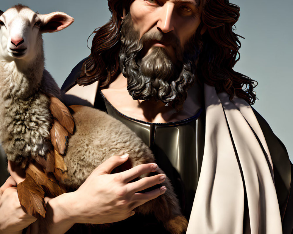 Digital artwork of man with long hair and beard holding a lamb