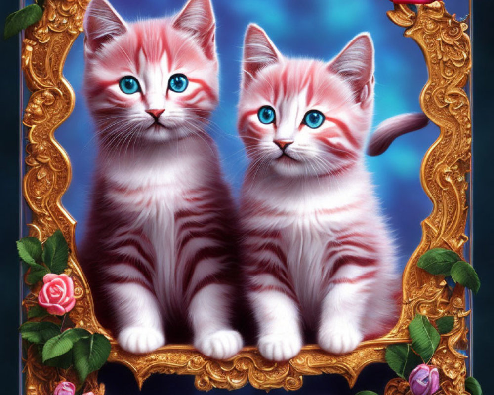 Illustrated kittens with blue eyes in golden frame among colorful roses