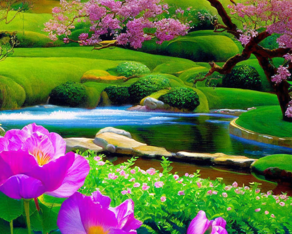 Vibrant pink flowers and cherry blossoms in serene landscape