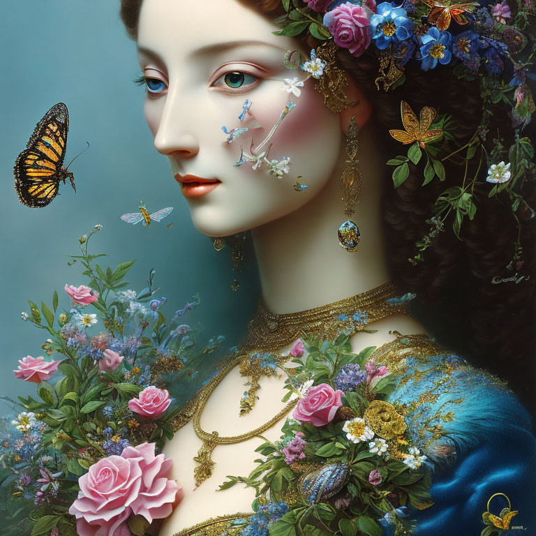 Colorful surreal portrait of a woman with floral elements and butterflies