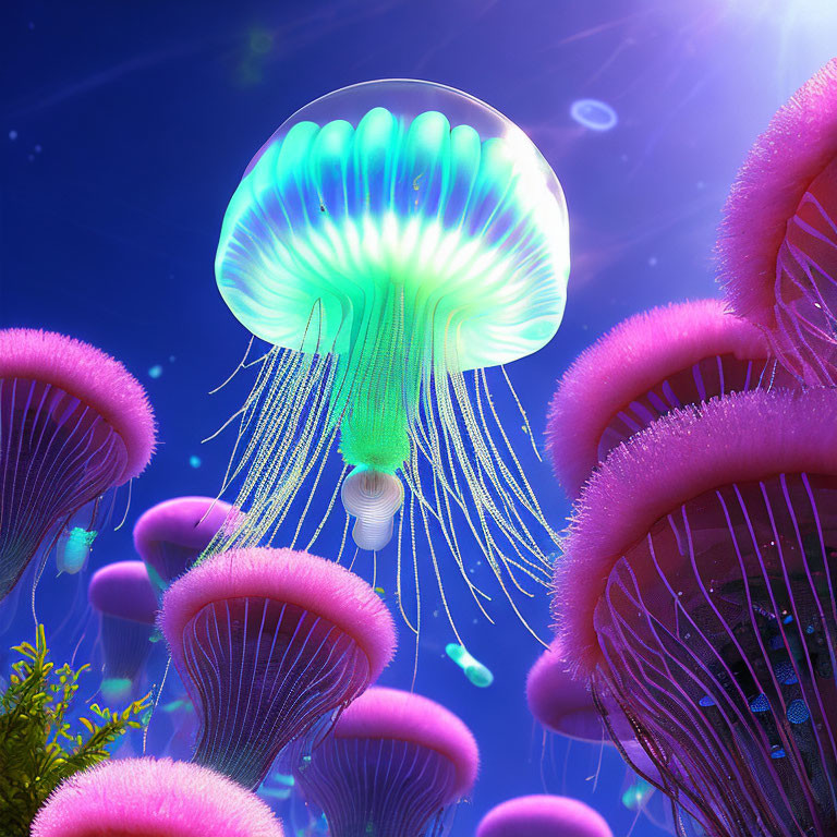 Bioluminescent jellyfish in mystical underwater scene