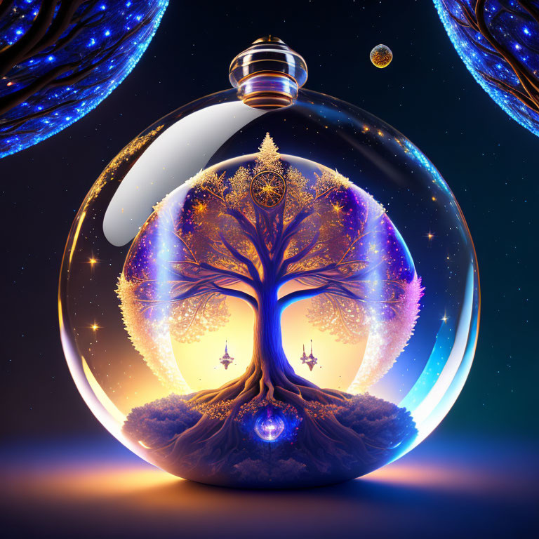 Colorful digital artwork: Luminous tree in transparent bulb, cosmic background.