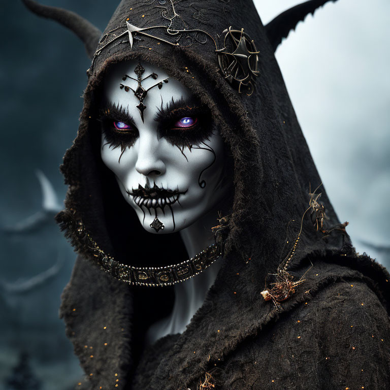 Dark Fantasy Makeup with Horned Hood and Purple Eyes in Misty Setting