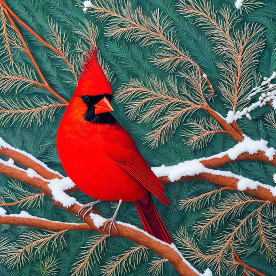 Vibrant red cardinal on snow-covered branch in pine needles