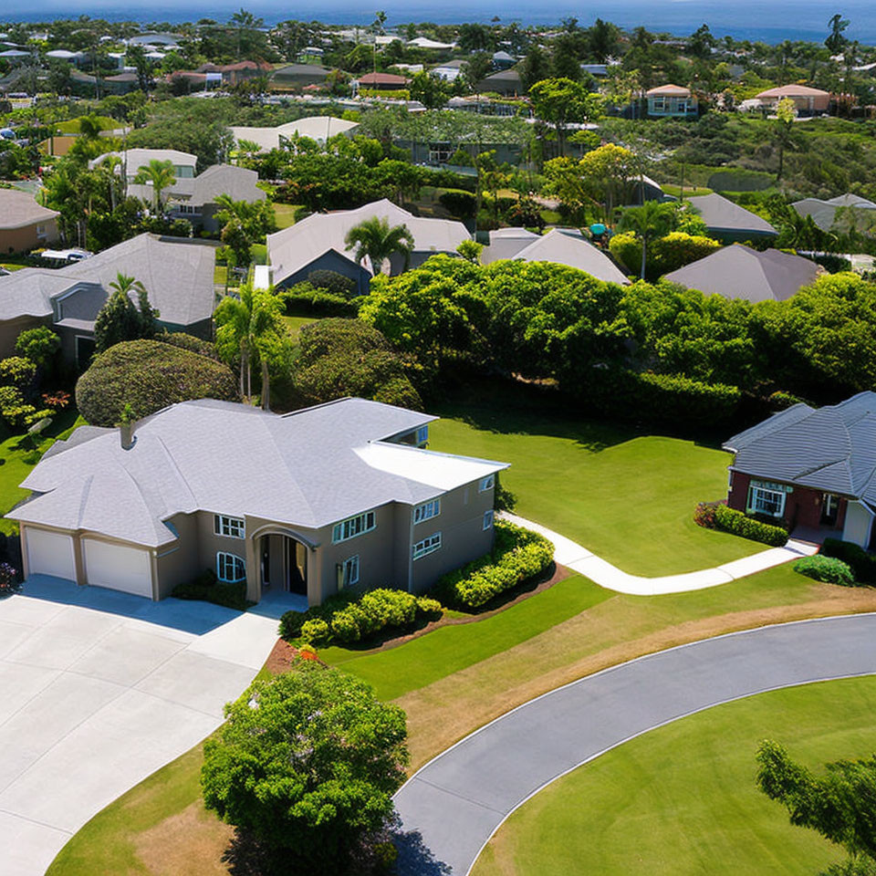 Suburban Neighborhood with Manicured Lawns and Contemporary Houses