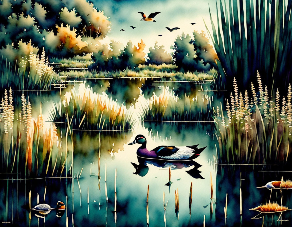 Tranquil watercolor painting of ducks in marsh with reeds and colorful foliage