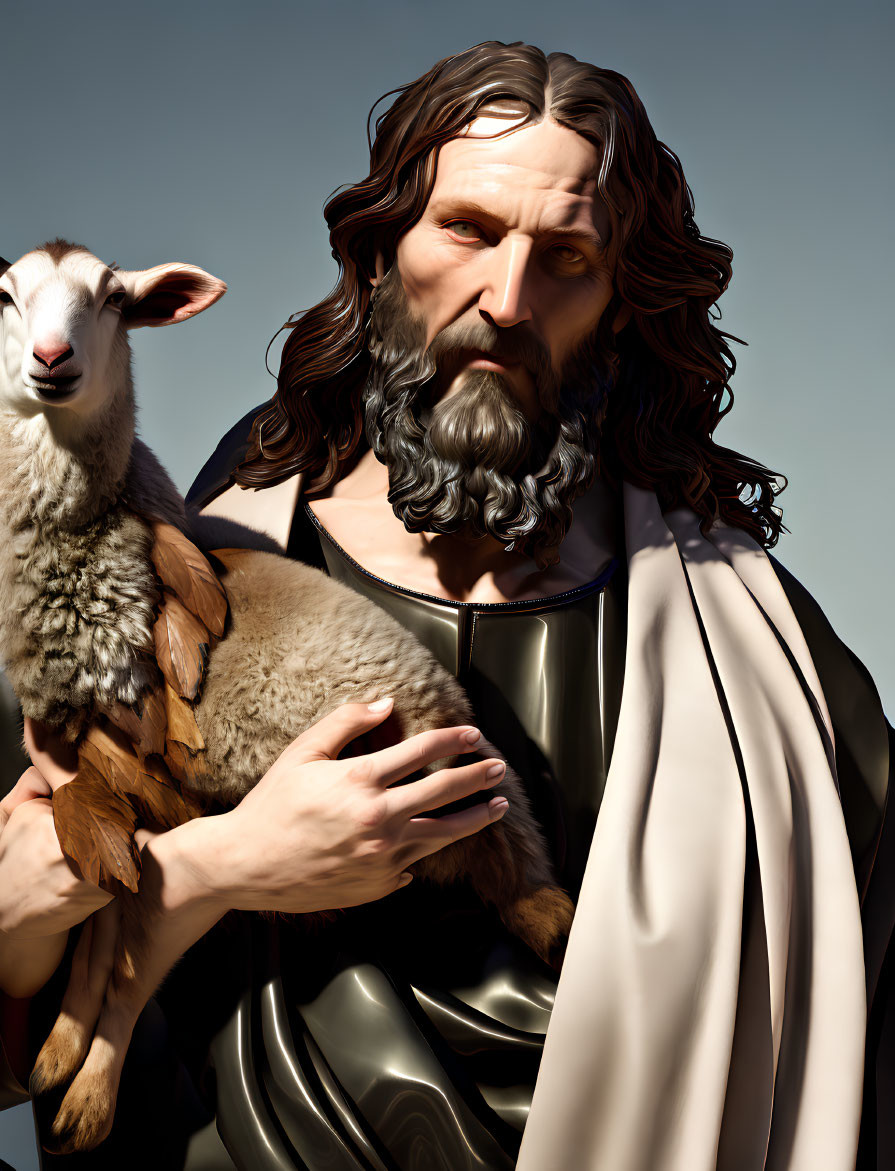 Digital artwork of man with long hair and beard holding a lamb