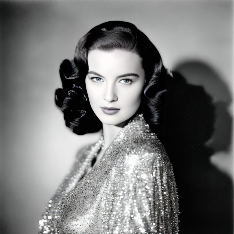 Monochrome portrait of woman with wavy hair in sequined outfit