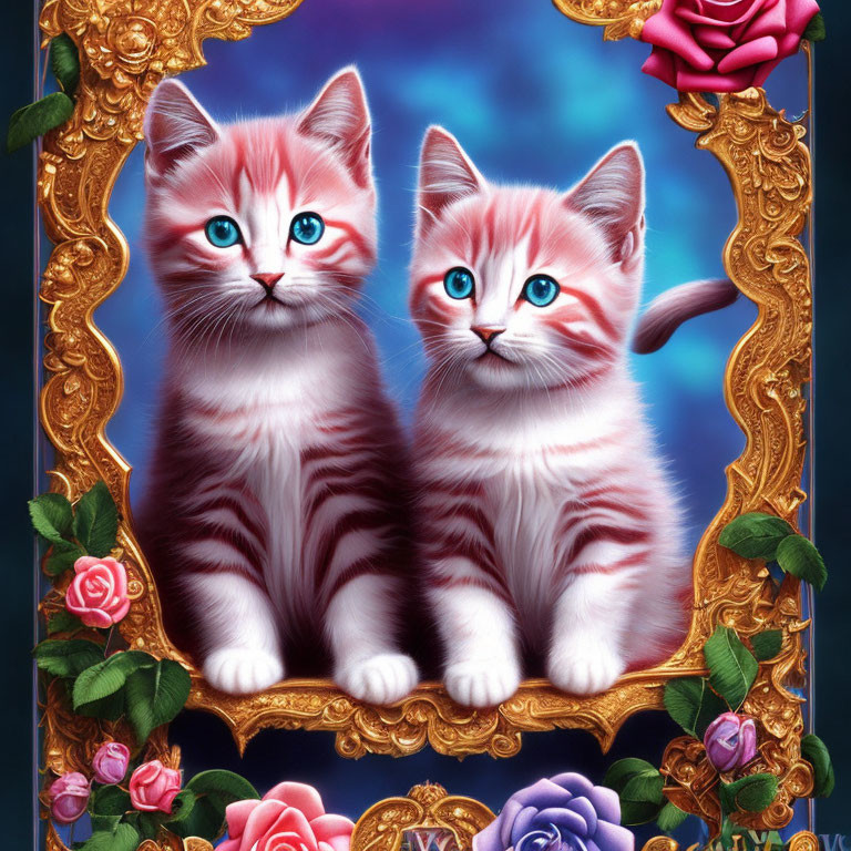 Illustrated kittens with blue eyes in golden frame among colorful roses