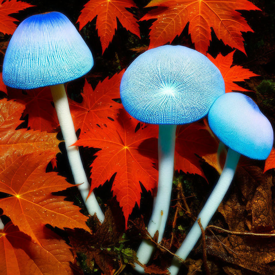 Vibrant red maple leaves with luminescent blue mushrooms in forest scene