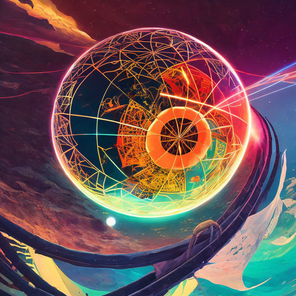 Colorful digital artwork of intricate geometric sphere in cosmic setting