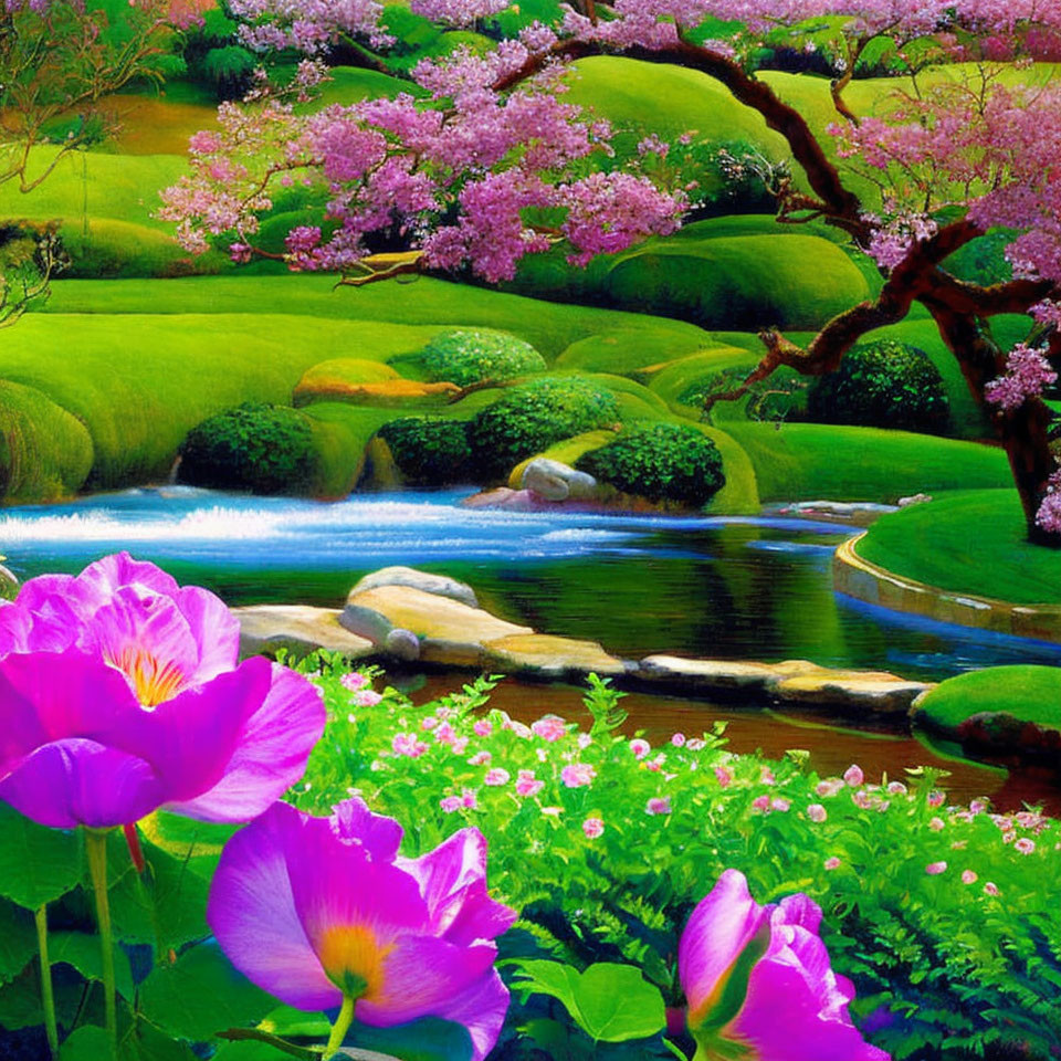 Vibrant pink flowers and cherry blossoms in serene landscape