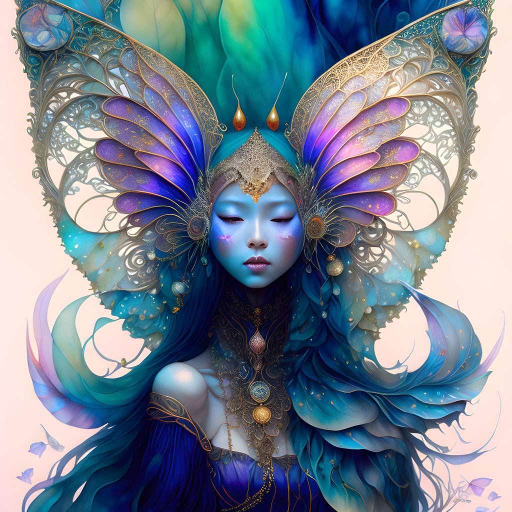 Fantastical portrait of female figure with blue skin and butterfly wings