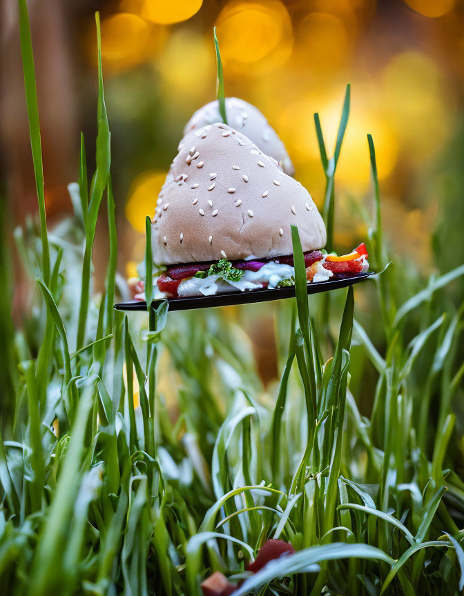 Burger with lettuce and tomatoes on black plate in grassy setting