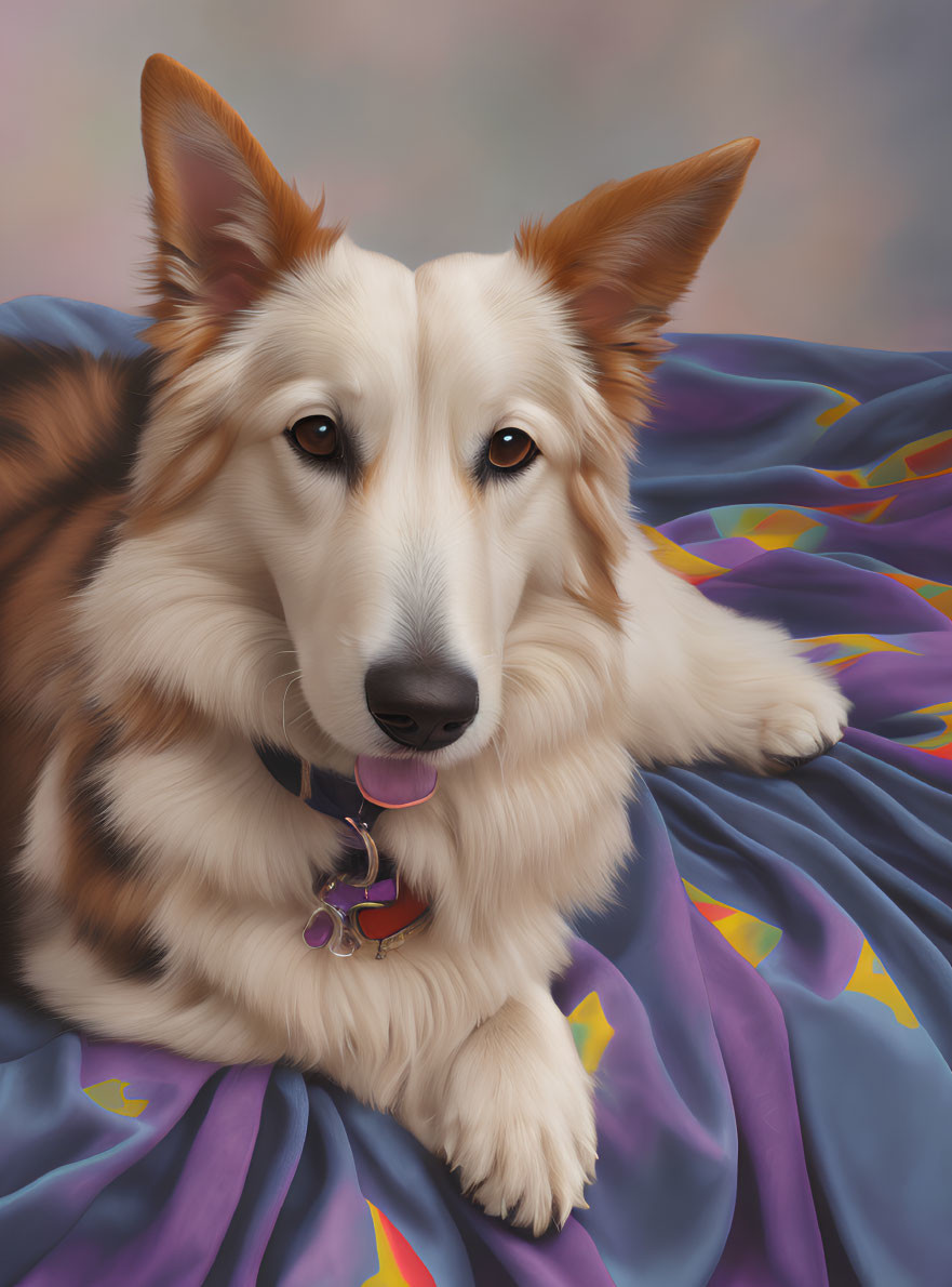 Brown and White Collie Dog Portrait on Colorful Blanket