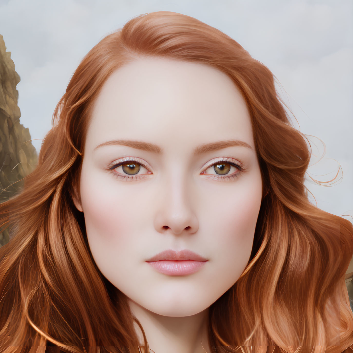 Close-up portrait of a woman with auburn hair and brown eyes on rocky backdrop