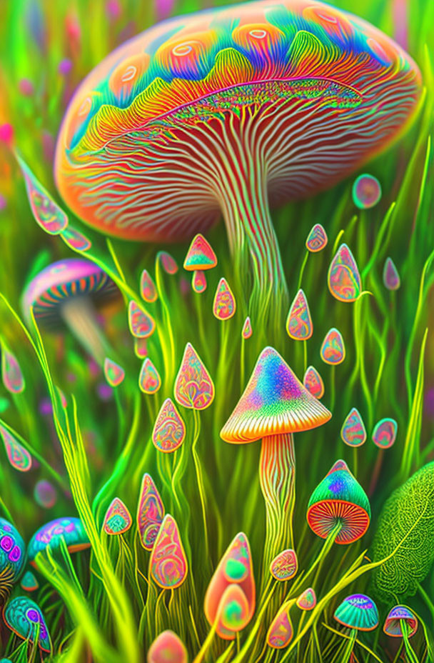 Colorful Psychedelic Mushroom Illustration on Neon Flora Background