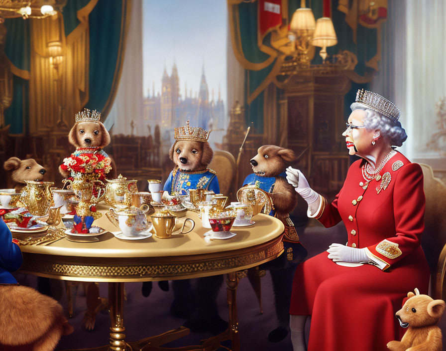 Royal-themed tea party with anthropomorphic dogs in opulent castle setting