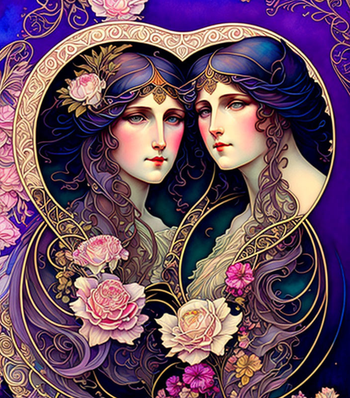 Stylized female figures with elaborate headdresses in heart-shaped border on purple background