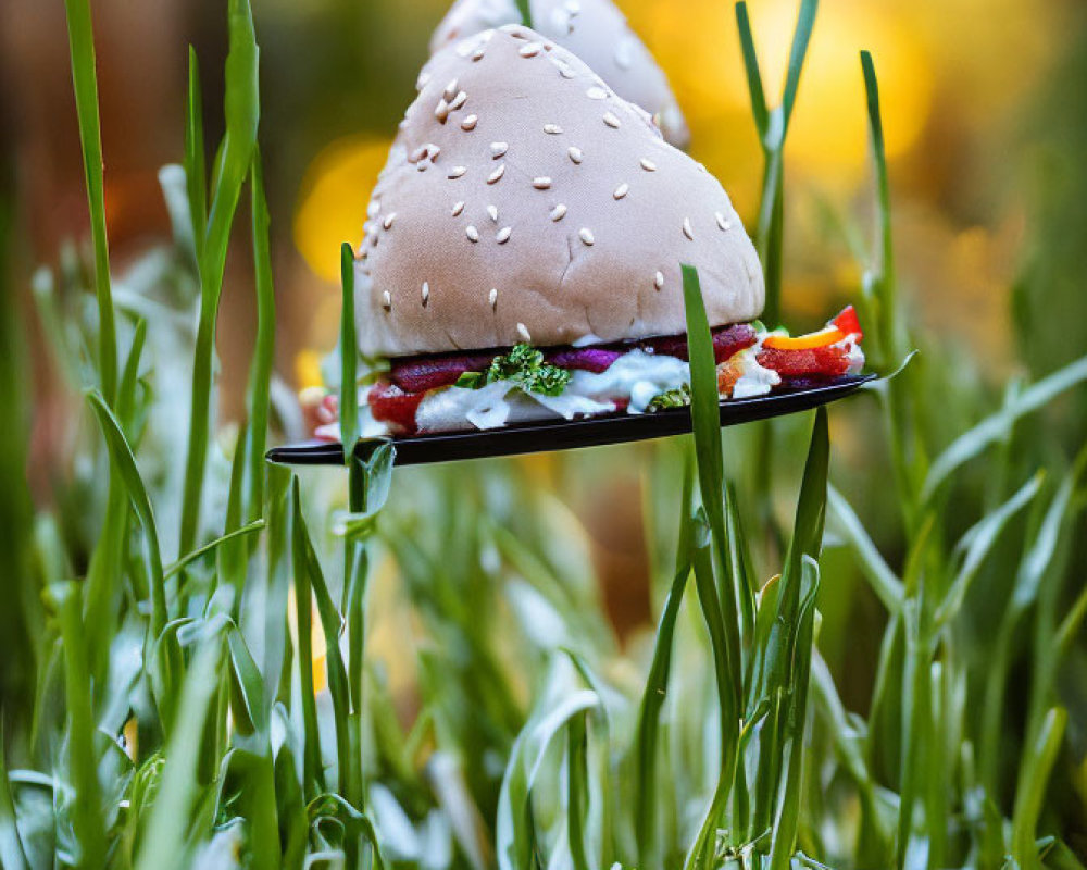 Burger with lettuce and tomatoes on black plate in grassy setting