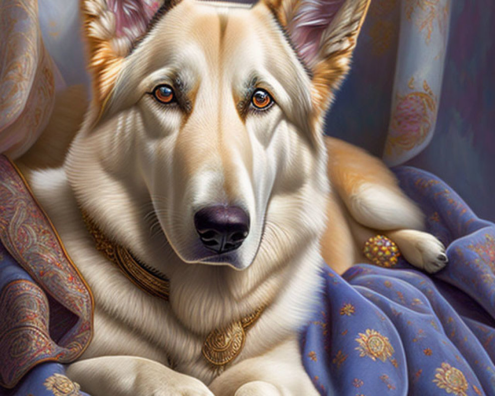 Regal Dog with Medallion Necklace on Luxurious Blue and Gold Textiles