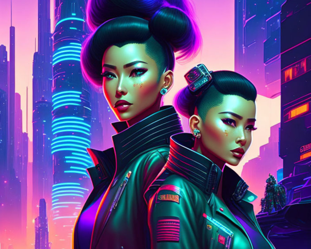 Futuristic Hairstyles on Women in Cyberpunk Cityscape