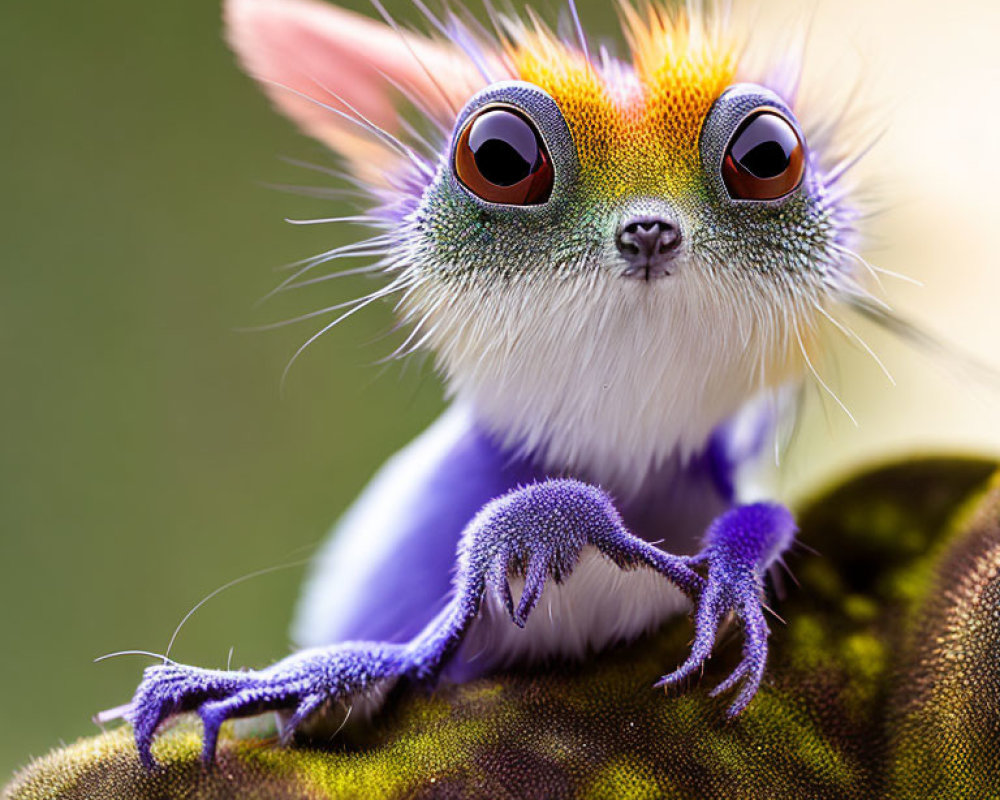 Whimsical creature with orange eyes and purple limbs on green surface