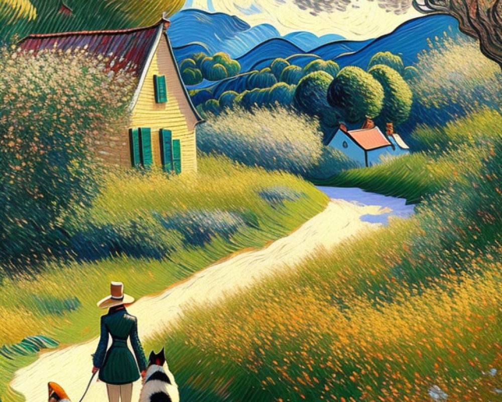 Person with hat walking dogs in vibrant landscape painting