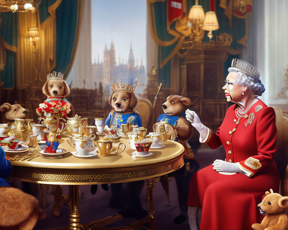 Royal-themed tea party with anthropomorphic dogs in opulent castle setting