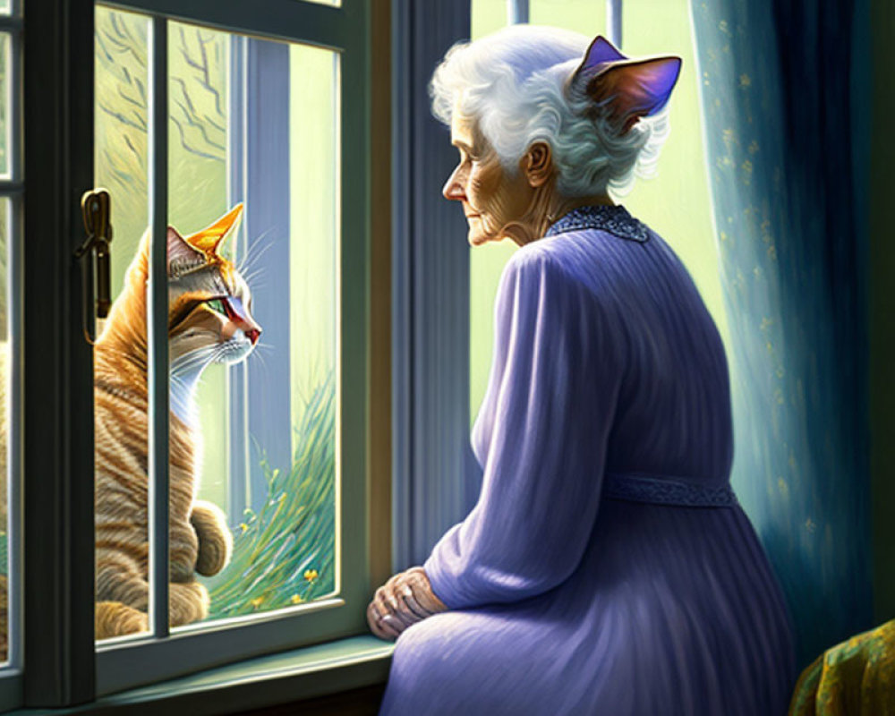 Elderly woman and cat by window, sunlight through trees