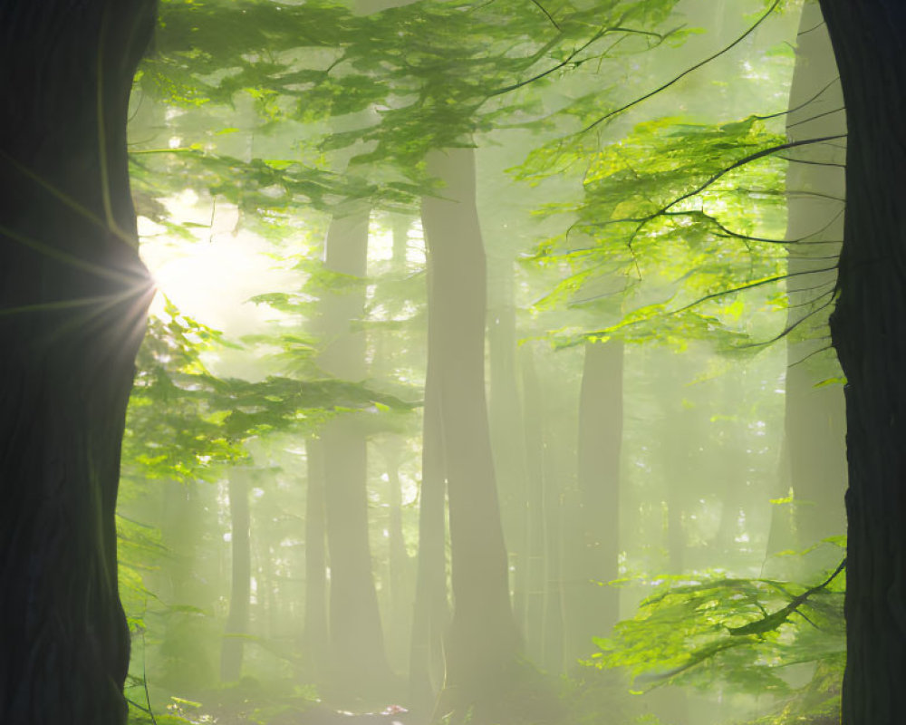 Tranquil Forest Path Under Arching Tree Tunnel at Morning Light