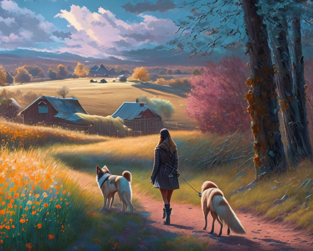 Woman and Two Dogs Walking by Flower Field Towards Farm at Sunset