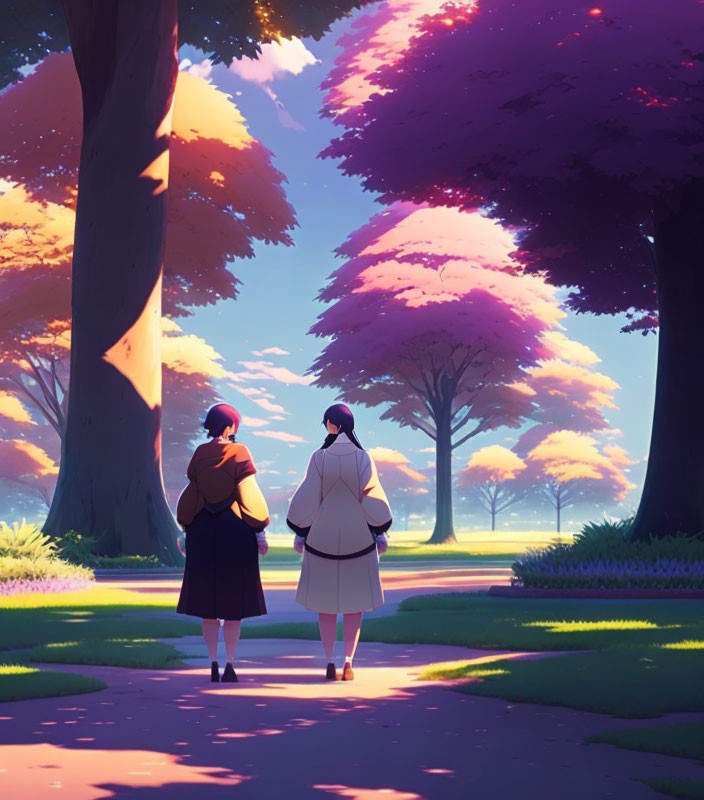 Animated characters stroll under pink blossomed trees against radiant pastel sunset.