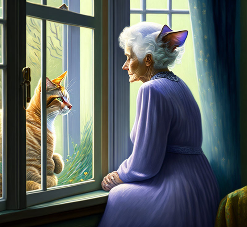 Elderly woman and cat by window, sunlight through trees