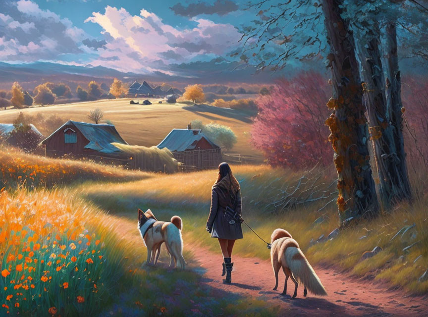 Woman and Two Dogs Walking by Flower Field Towards Farm at Sunset