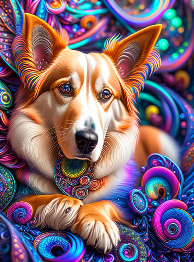 Colorful Psychedelic Dog Artwork with Swirling Patterns