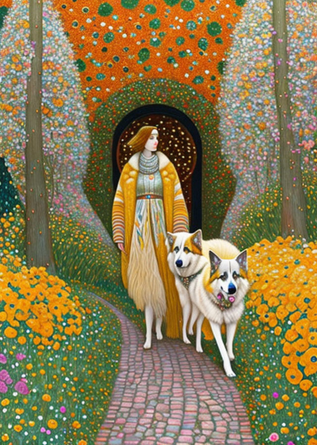 Colorful Woman with Dogs on Vibrant Path Amid Flowers and Lights