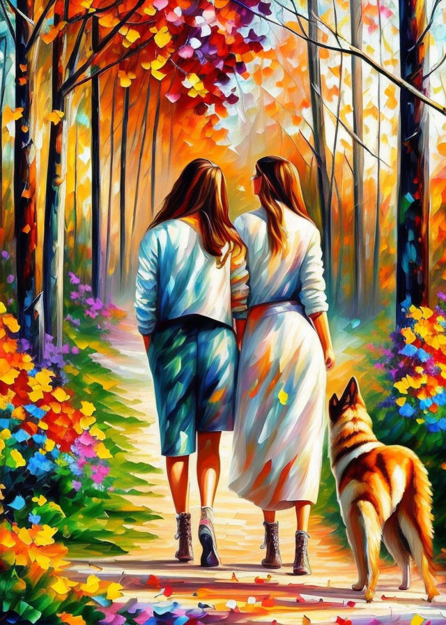 Two women, German Shepherd dog in colorful autumn forest.