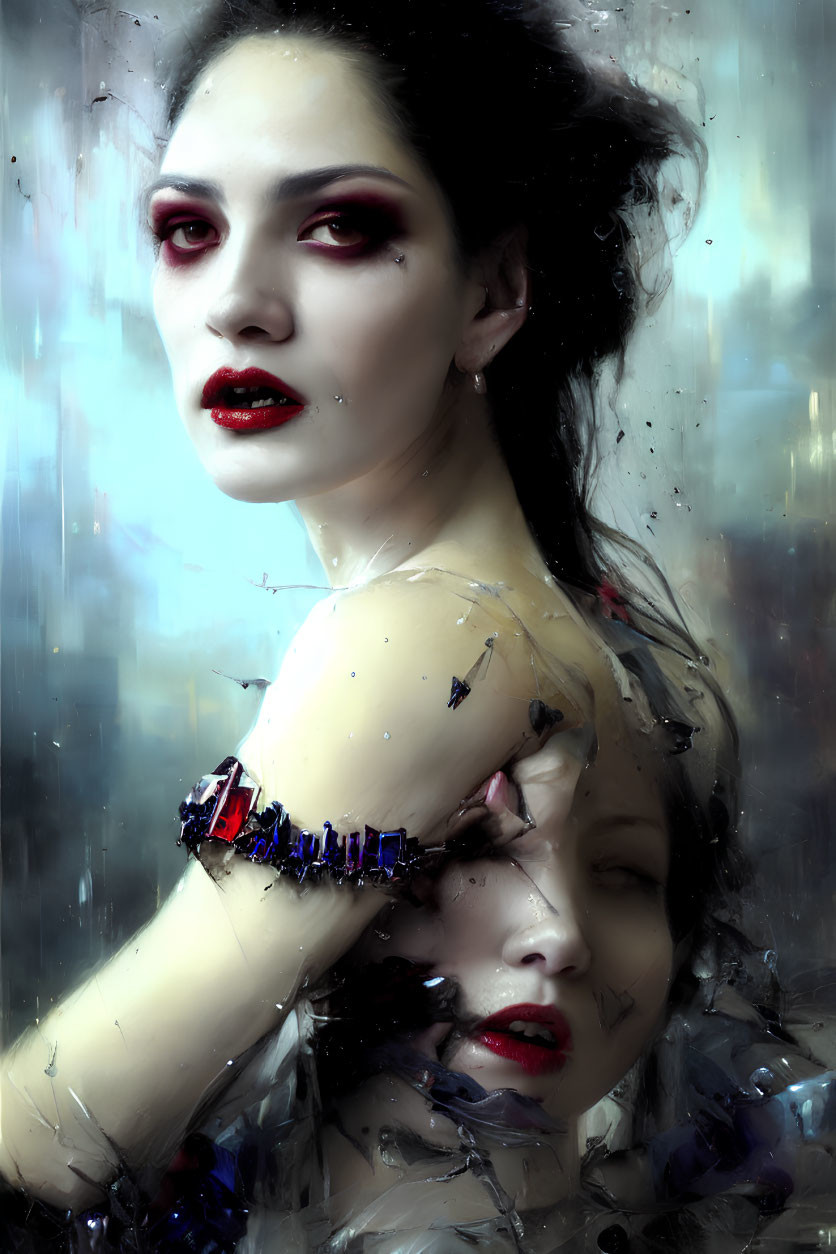 Digital painting of two women with dramatic makeup and intense expressions against a blurry cityscape background and wet glass